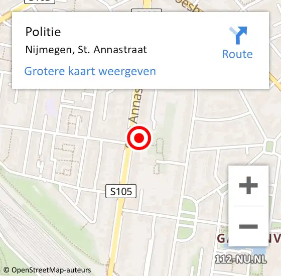 Locatie op kaart van de 112 melding: Politie Nijmegen, St. Annastraat op 11 augustus 2024 19:35