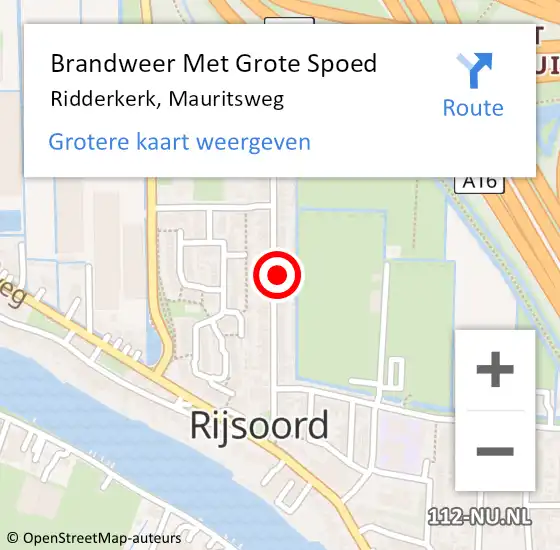 Locatie op kaart van de 112 melding: Brandweer Met Grote Spoed Naar Ridderkerk, Mauritsweg op 11 augustus 2024 20:34