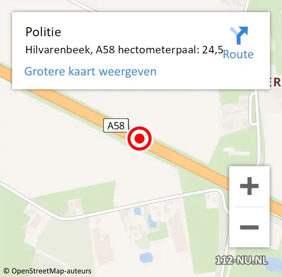 Locatie op kaart van de 112 melding: Politie Hilvarenbeek, A58 hectometerpaal: 24,5 op 11 augustus 2024 22:14