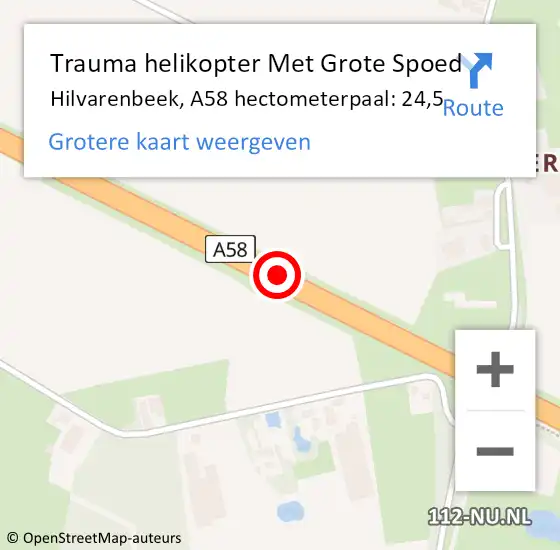 Locatie op kaart van de 112 melding: Trauma helikopter Met Grote Spoed Naar Hilvarenbeek, A58 hectometerpaal: 24,5 op 11 augustus 2024 22:21