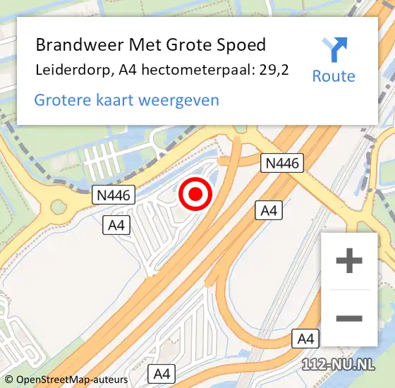 Locatie op kaart van de 112 melding: Brandweer Met Grote Spoed Naar Leiderdorp, A4 hectometerpaal: 29,2 op 11 augustus 2024 22:29