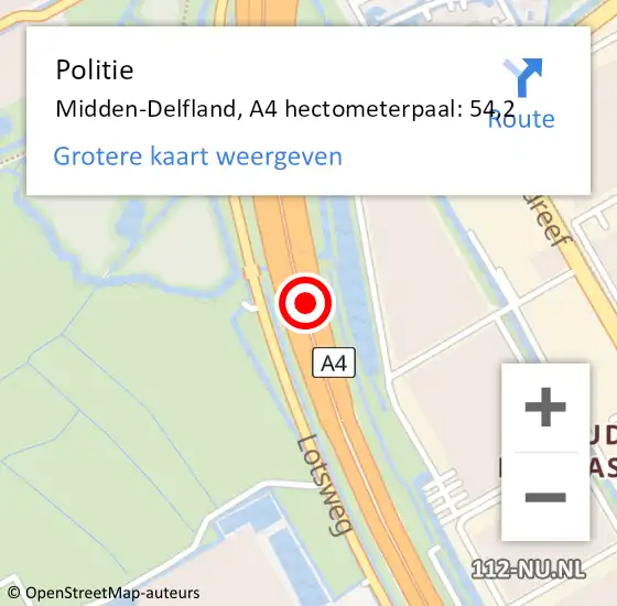 Locatie op kaart van de 112 melding: Politie Midden-Delfland, A4 hectometerpaal: 54,2 op 11 augustus 2024 23:24