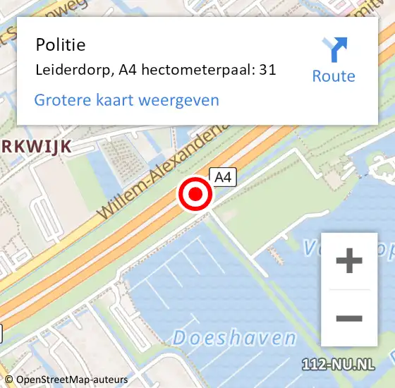 Locatie op kaart van de 112 melding: Politie Leiderdorp, A4 hectometerpaal: 31 op 11 augustus 2024 23:33