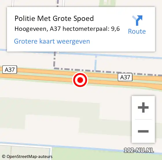 Locatie op kaart van de 112 melding: Politie Met Grote Spoed Naar Hoogeveen, A37 hectometerpaal: 9,6 op 12 augustus 2024 01:05