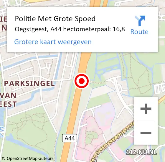 Locatie op kaart van de 112 melding: Politie Met Grote Spoed Naar Oegstgeest, A44 hectometerpaal: 16,8 op 12 augustus 2024 05:09