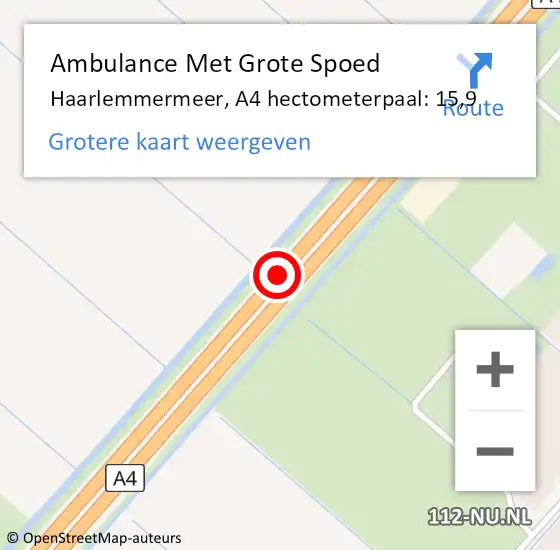 Locatie op kaart van de 112 melding: Ambulance Met Grote Spoed Naar Haarlemmermeer, A4 hectometerpaal: 15,9 op 12 augustus 2024 07:32