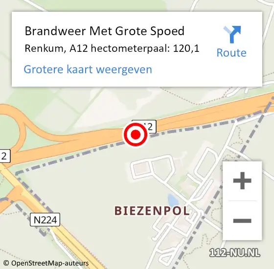 Locatie op kaart van de 112 melding: Brandweer Met Grote Spoed Naar Renkum, A12 hectometerpaal: 120,1 op 12 augustus 2024 07:39