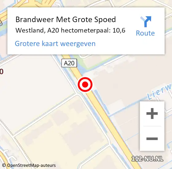 Locatie op kaart van de 112 melding: Brandweer Met Grote Spoed Naar Westland, A20 hectometerpaal: 10,6 op 12 augustus 2024 07:47