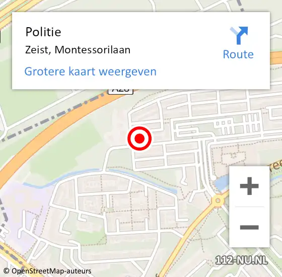 Locatie op kaart van de 112 melding: Politie Zeist, Montessorilaan op 12 augustus 2024 07:53