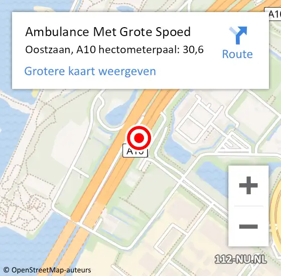 Locatie op kaart van de 112 melding: Ambulance Met Grote Spoed Naar Oostzaan, A10 hectometerpaal: 30,6 op 12 augustus 2024 07:53