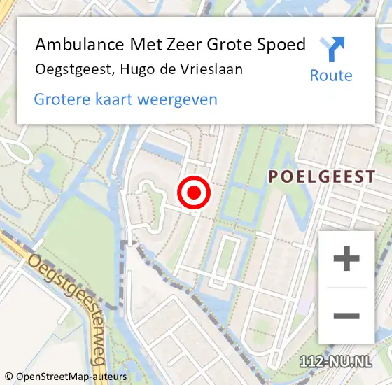 Locatie op kaart van de 112 melding: Ambulance Met Zeer Grote Spoed Naar Oegstgeest, Hugo de Vrieslaan op 12 augustus 2024 08:18