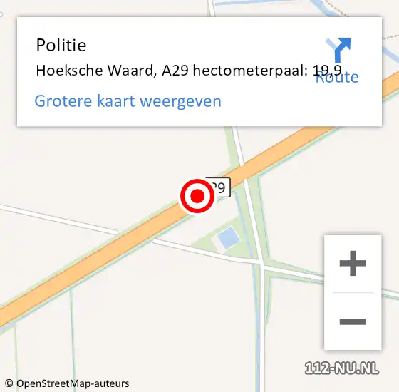 Locatie op kaart van de 112 melding: Politie Hoeksche Waard, A29 hectometerpaal: 19,9 op 12 augustus 2024 08:33