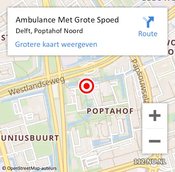 Locatie op kaart van de 112 melding: Ambulance Met Grote Spoed Naar Delft, Poptahof Noord op 12 augustus 2024 08:37