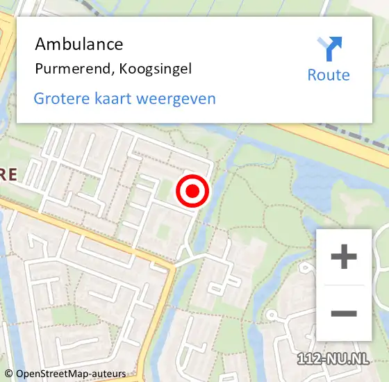 Locatie op kaart van de 112 melding: Ambulance Purmerend, Koogsingel op 12 augustus 2024 08:40