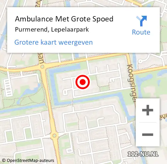 Locatie op kaart van de 112 melding: Ambulance Met Grote Spoed Naar Purmerend, Lepelaarpark op 12 augustus 2024 08:40