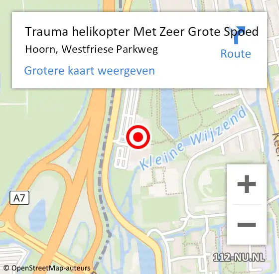 Locatie op kaart van de 112 melding: Trauma helikopter Met Zeer Grote Spoed Naar Hoorn, Westfriese Parkweg op 12 augustus 2024 09:07