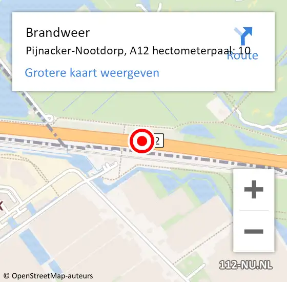 Locatie op kaart van de 112 melding: Brandweer Pijnacker-Nootdorp, A12 hectometerpaal: 10 op 12 augustus 2024 09:30