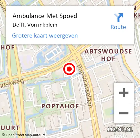 Locatie op kaart van de 112 melding: Ambulance Met Spoed Naar Delft, Vorrinkplein op 12 augustus 2024 09:46