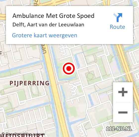 Locatie op kaart van de 112 melding: Ambulance Met Grote Spoed Naar Delft, Aart van der Leeuwlaan op 12 augustus 2024 09:54