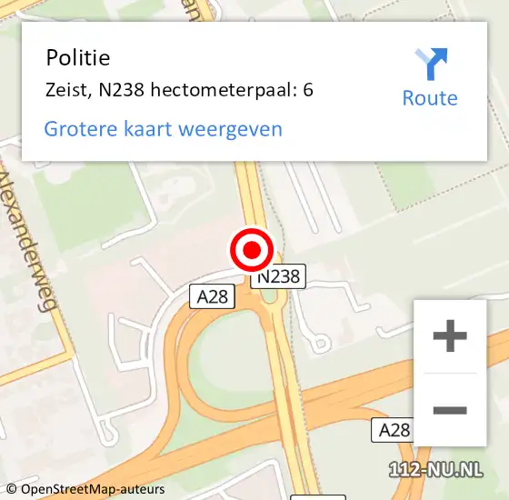 Locatie op kaart van de 112 melding: Politie Zeist, N238 hectometerpaal: 6 op 12 augustus 2024 11:13