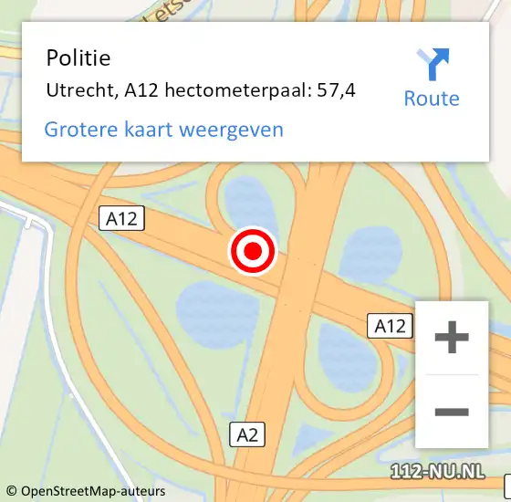 Locatie op kaart van de 112 melding: Politie Utrecht, A12 hectometerpaal: 57,4 op 12 augustus 2024 11:35