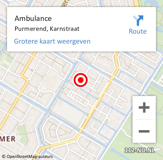 Locatie op kaart van de 112 melding: Ambulance Purmerend, Karnstraat op 12 augustus 2024 11:59