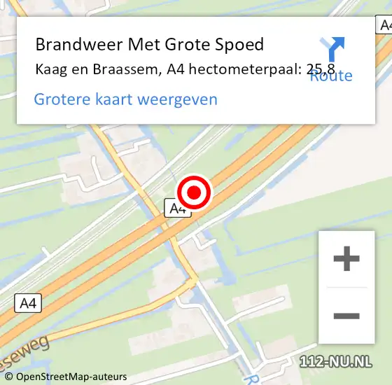 Locatie op kaart van de 112 melding: Brandweer Met Grote Spoed Naar Kaag en Braassem, A4 hectometerpaal: 25,8 op 12 augustus 2024 12:11