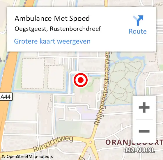 Locatie op kaart van de 112 melding: Ambulance Met Spoed Naar Oegstgeest, Rustenborchdreef op 12 augustus 2024 12:39