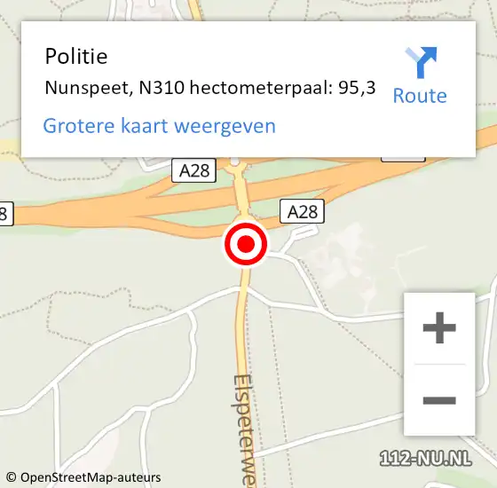 Locatie op kaart van de 112 melding: Politie Nunspeet, N310 hectometerpaal: 95,3 op 12 augustus 2024 12:59