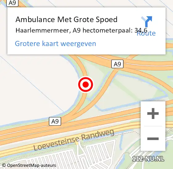 Locatie op kaart van de 112 melding: Ambulance Met Grote Spoed Naar Haarlemmermeer, A9 hectometerpaal: 34,6 op 12 augustus 2024 13:11