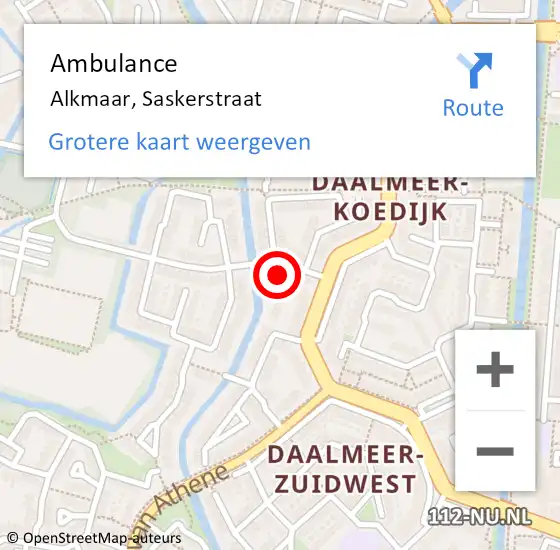 Locatie op kaart van de 112 melding: Ambulance Alkmaar, Saskerstraat op 12 augustus 2024 13:14