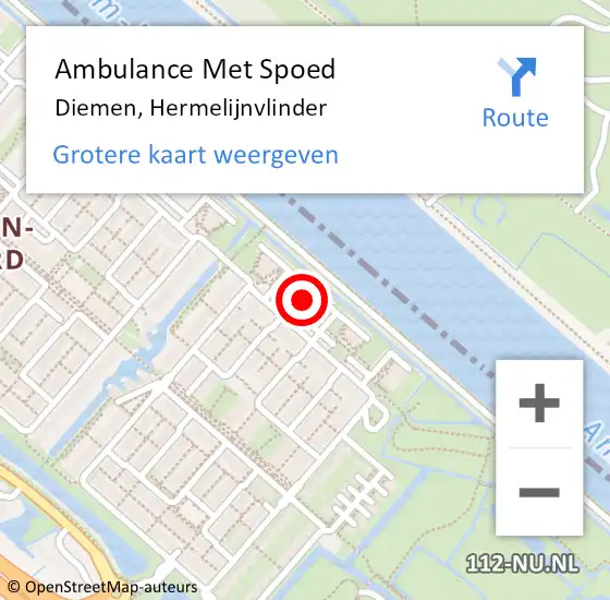 Locatie op kaart van de 112 melding: Ambulance Met Spoed Naar Diemen, Hermelijnvlinder op 12 augustus 2024 13:24