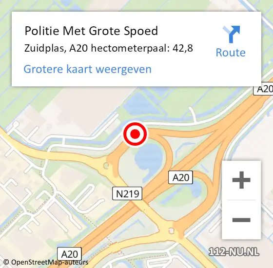 Locatie op kaart van de 112 melding: Politie Met Grote Spoed Naar Zuidplas, A20 hectometerpaal: 42,8 op 12 augustus 2024 14:59