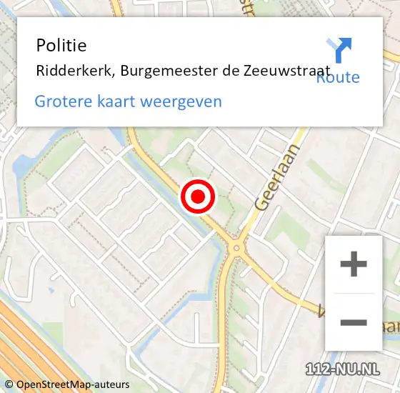 Locatie op kaart van de 112 melding: Politie Ridderkerk, Burgemeester de Zeeuwstraat op 12 augustus 2024 15:39