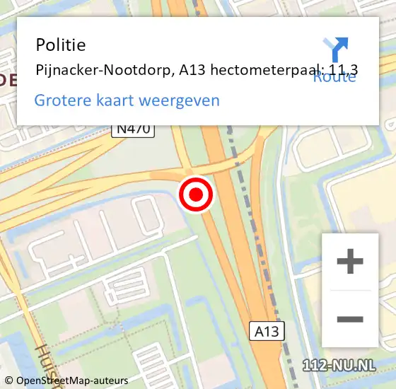 Locatie op kaart van de 112 melding: Politie Pijnacker-Nootdorp, A13 hectometerpaal: 11,3 op 12 augustus 2024 16:46