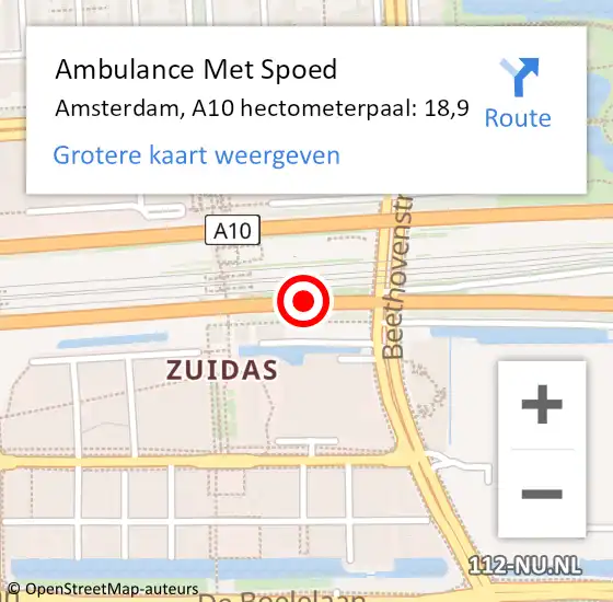 Locatie op kaart van de 112 melding: Ambulance Met Spoed Naar Amsterdam, A10 hectometerpaal: 18,9 op 12 augustus 2024 16:51