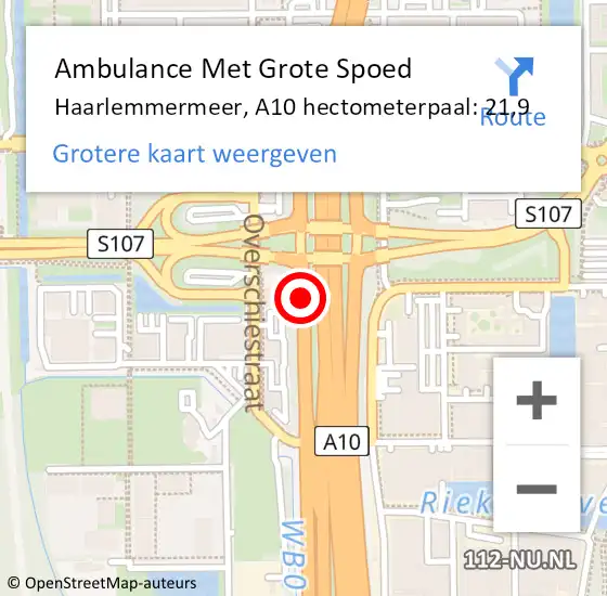 Locatie op kaart van de 112 melding: Ambulance Met Grote Spoed Naar Haarlemmermeer, A10 hectometerpaal: 21,9 op 12 augustus 2024 16:54