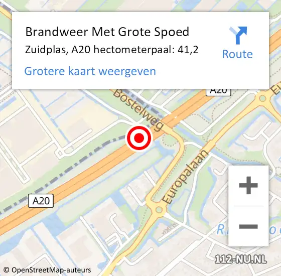 Locatie op kaart van de 112 melding: Brandweer Met Grote Spoed Naar Zuidplas, A20 hectometerpaal: 41,2 op 12 augustus 2024 16:55