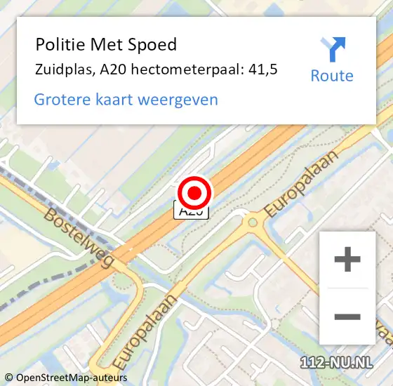 Locatie op kaart van de 112 melding: Politie Met Spoed Naar Zuidplas, A20 hectometerpaal: 41,5 op 12 augustus 2024 16:57