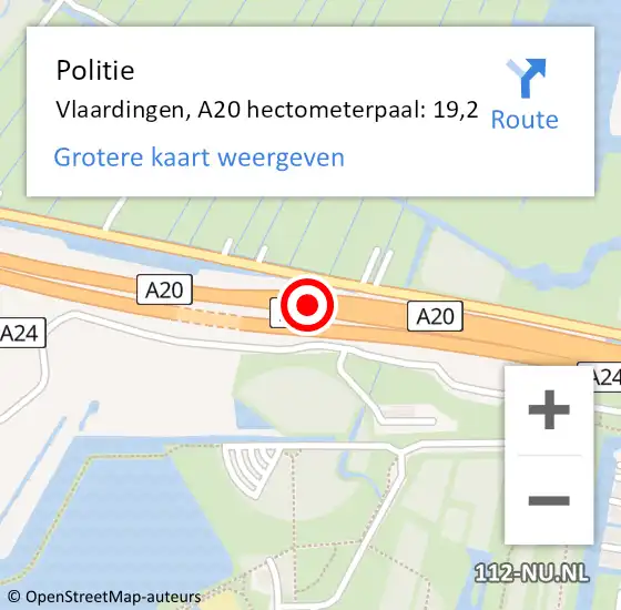 Locatie op kaart van de 112 melding: Politie Vlaardingen, A20 hectometerpaal: 19,2 op 12 augustus 2024 17:12