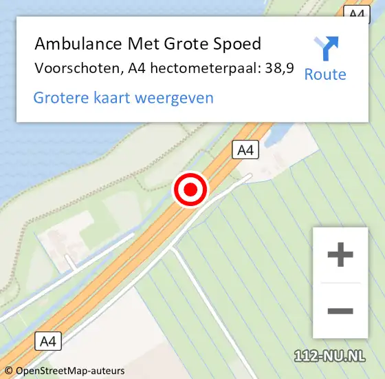 Locatie op kaart van de 112 melding: Ambulance Met Grote Spoed Naar Voorschoten, A4 hectometerpaal: 38,9 op 12 augustus 2024 17:16