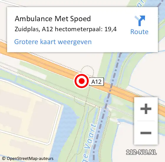 Locatie op kaart van de 112 melding: Ambulance Met Spoed Naar Zuidplas, A12 hectometerpaal: 19,4 op 12 augustus 2024 17:30