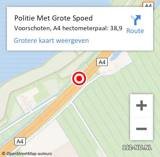 Locatie op kaart van de 112 melding: Politie Met Grote Spoed Naar Voorschoten, A4 hectometerpaal: 38,9 op 12 augustus 2024 17:44