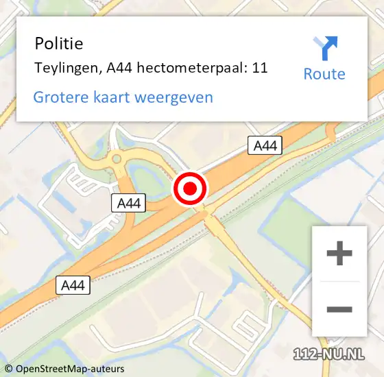 Locatie op kaart van de 112 melding: Politie Teylingen, A44 hectometerpaal: 11 op 12 augustus 2024 18:10