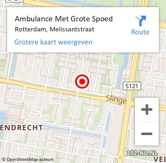 Locatie op kaart van de 112 melding: Ambulance Met Grote Spoed Naar Rotterdam, Melissantstraat op 12 augustus 2024 18:40