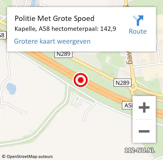 Locatie op kaart van de 112 melding: Politie Met Grote Spoed Naar Kapelle, A58 hectometerpaal: 142,9 op 12 augustus 2024 19:10