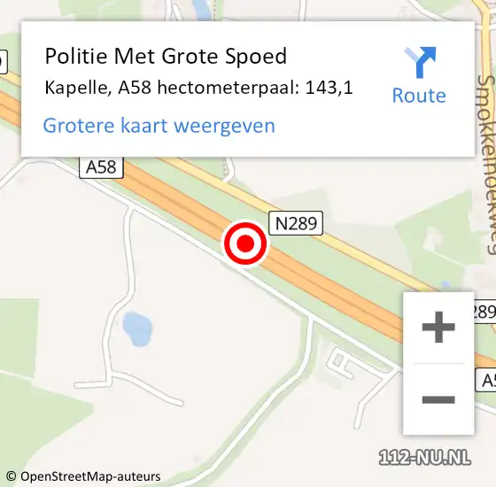 Locatie op kaart van de 112 melding: Politie Met Grote Spoed Naar Kapelle, A58 hectometerpaal: 143,1 op 12 augustus 2024 19:11