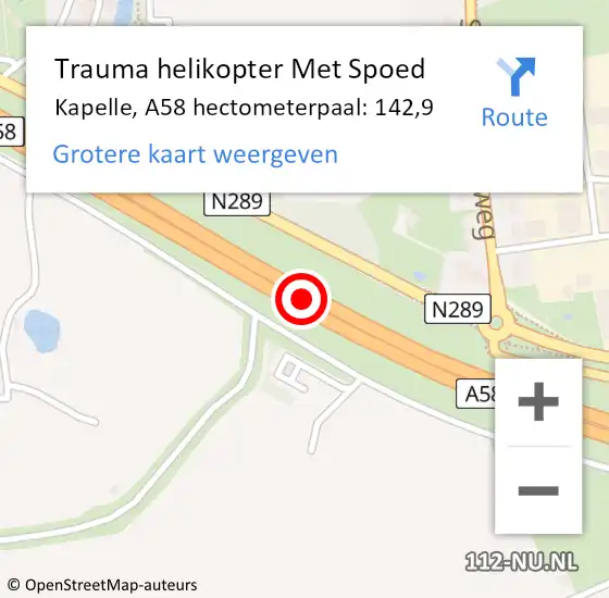 Locatie op kaart van de 112 melding: Trauma helikopter Met Spoed Naar Kapelle, A58 hectometerpaal: 142,9 op 12 augustus 2024 19:12