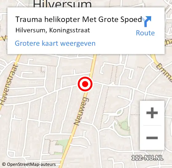 Locatie op kaart van de 112 melding: Trauma helikopter Met Grote Spoed Naar Hilversum, Koningsstraat op 12 augustus 2024 19:22