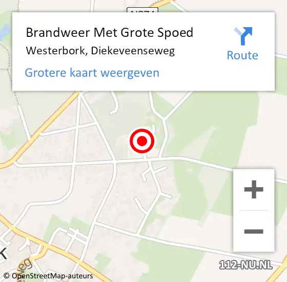 Locatie op kaart van de 112 melding: Brandweer Met Grote Spoed Naar Westerbork, Diekeveenseweg op 12 augustus 2024 19:41